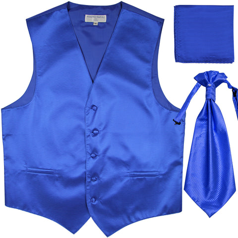 New Men's Horizontal Stripes Tuxedo Vest Waistcoat & Ascot & Hankie Set royal blue