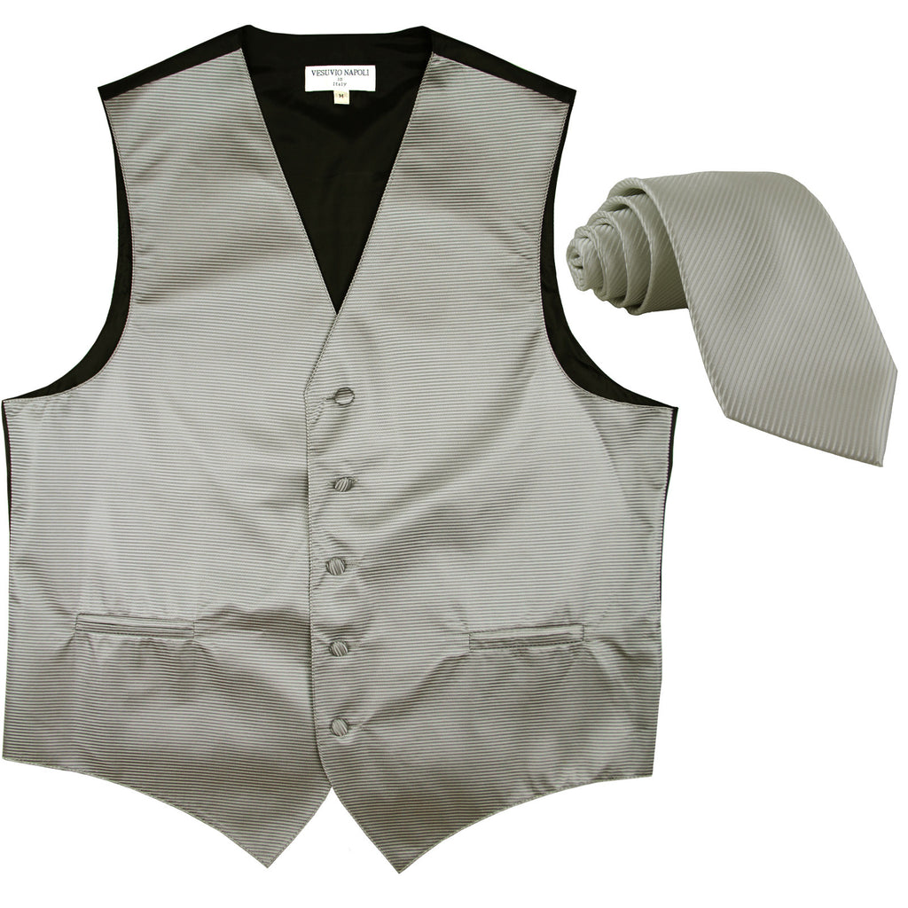 New formal men's tuxedo vest waistcoat & necktie horizontal stripes prom gray