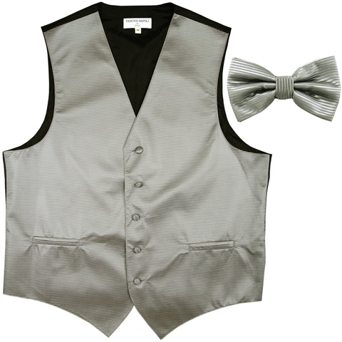 New formal men's tuxedo vest waistcoat & bowtie horizontal stripes prom gray