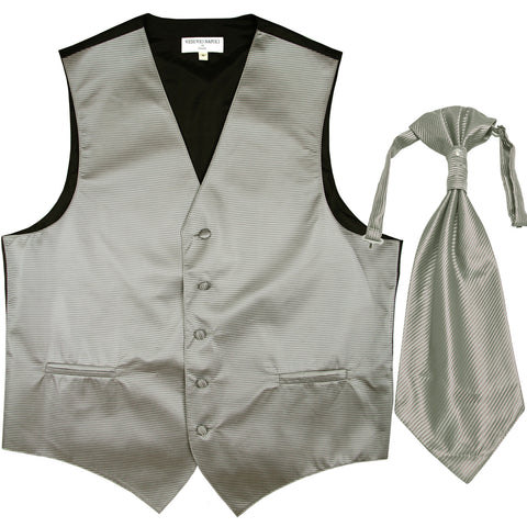 New men's tuxedo vest waistcoat & ascot horizontal stripes prom gray