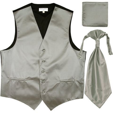 New Men's Horizontal Stripes Tuxedo Vest Waistcoat & Ascot & Hankie Set gray