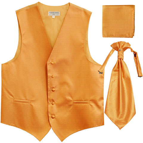 New Men's Horizontal Stripes Tuxedo Vest Waistcoat & Ascot & Hankie Set gold