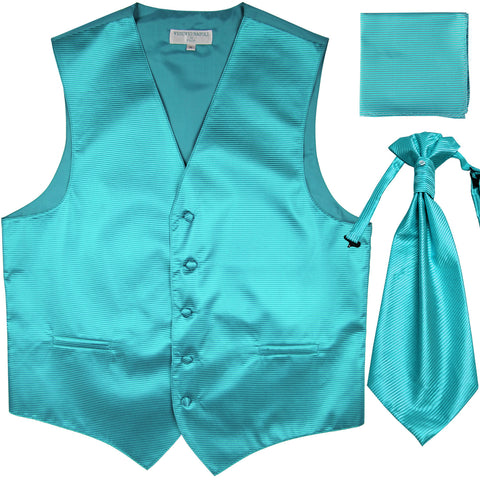 New Men's Horizontal Stripes Tuxedo Vest Waistcoat & Ascot & Hankie Set turquoise
