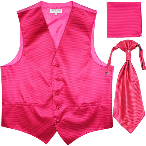 New Men's Horizontal Stripes Tuxedo Vest Waistcoat & Ascot & Hankie Set hot pink