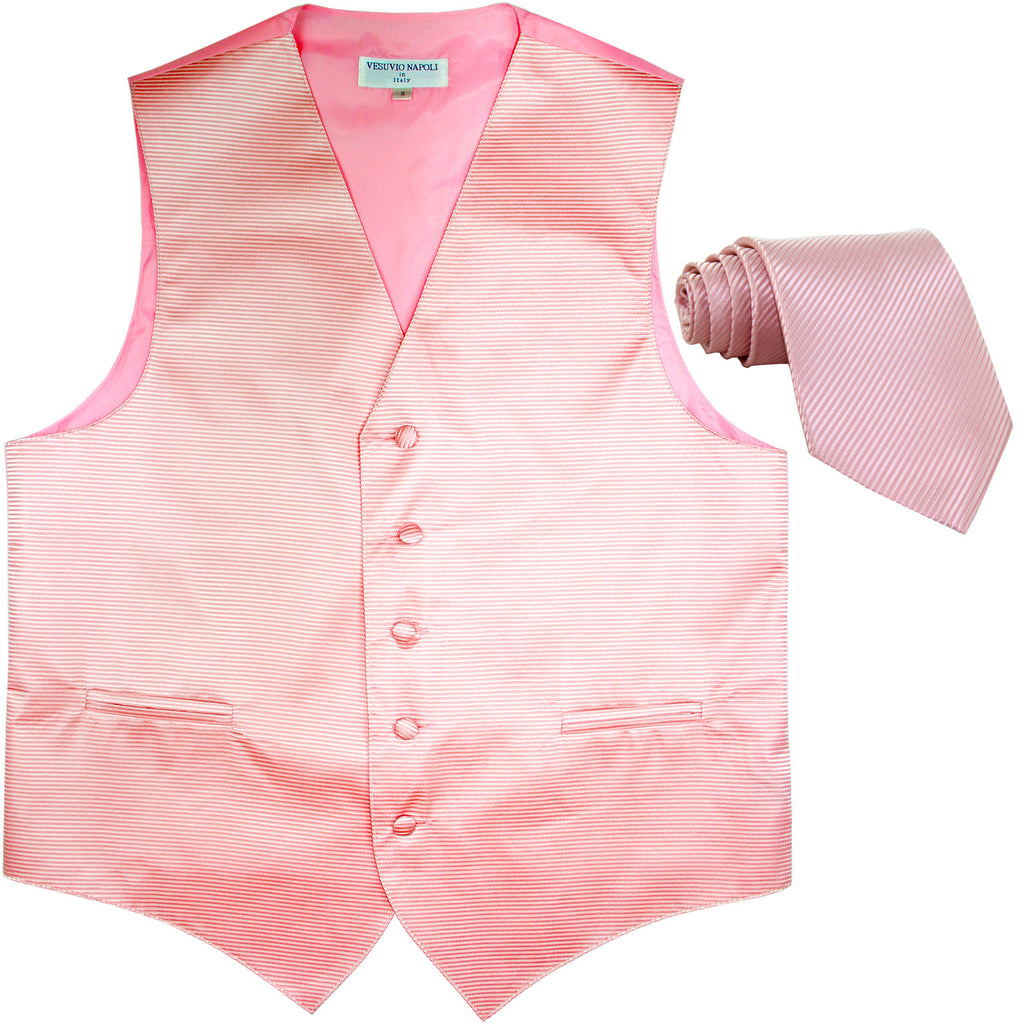 New formal men's tuxedo vest waistcoat & necktie horizontal stripes prom pink