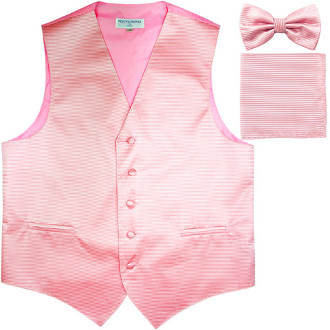 New Men's Horizontal Stripes Tuxedo Vest Waistcoat_bowtie & Hankie pink