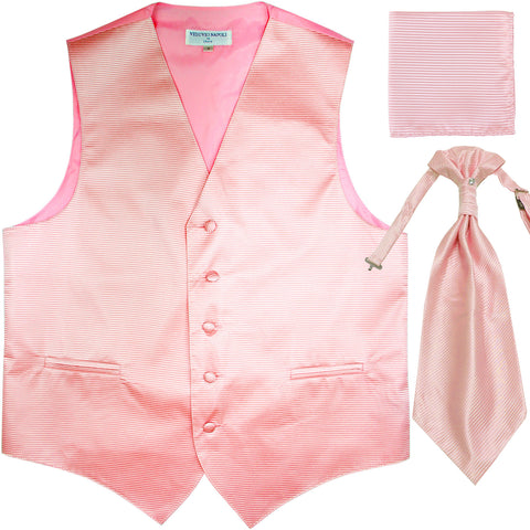 New Men's Horizontal Stripes Tuxedo Vest Waistcoat & Ascot & Hankie Set pink