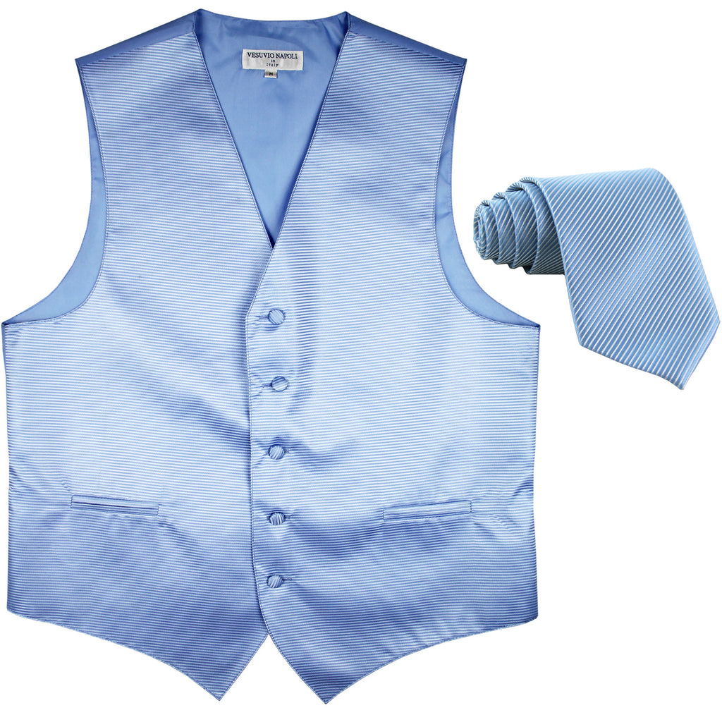 New formal men's tuxedo vest waistcoat & necktie horizontal stripes prom light blue