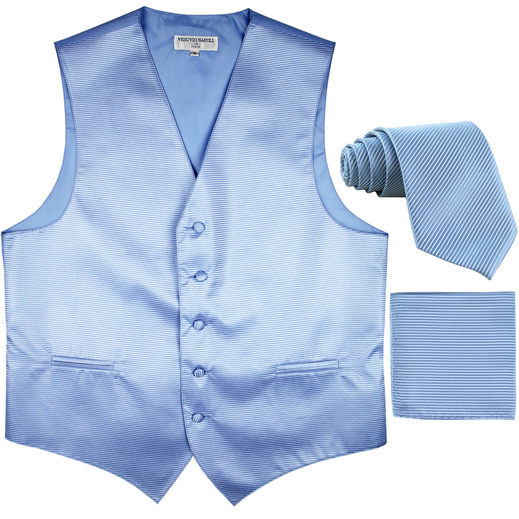 New Men's Horizontal Stripes Tuxedo Vest Waistcoat_tie & hankie formal light blue