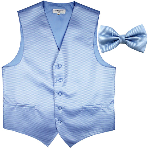 New formal men's tuxedo vest waistcoat & bowtie horizontal stripes prom light blue