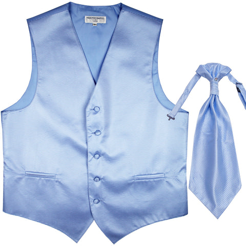 New men's tuxedo vest waistcoat & ascot horizontal stripes prom light blue