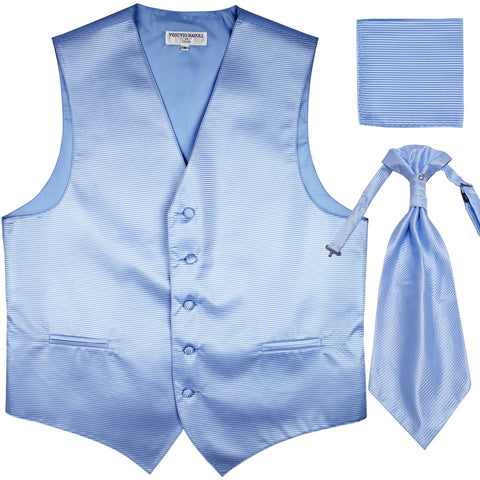 New Men's Horizontal Stripes Tuxedo Vest Waistcoat & Ascot & Hankie Set light blue
