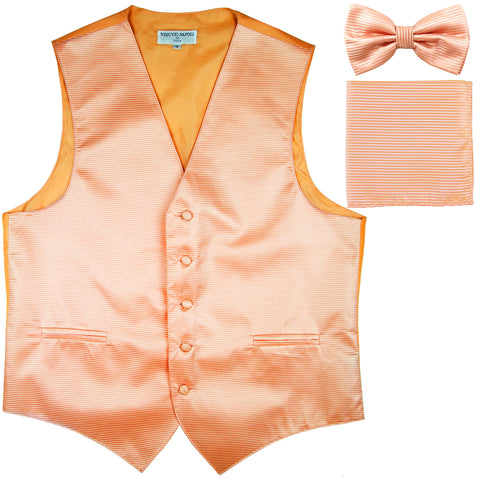 New Men's Horizontal Stripes Tuxedo Vest Waistcoat_bowtie & Hankie peach