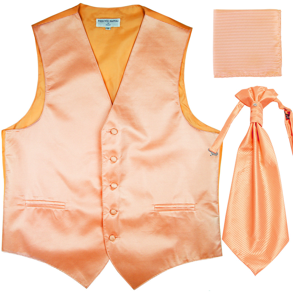 New Men's Horizontal Stripes Tuxedo Vest Waistcoat & Ascot & Hankie Set peach