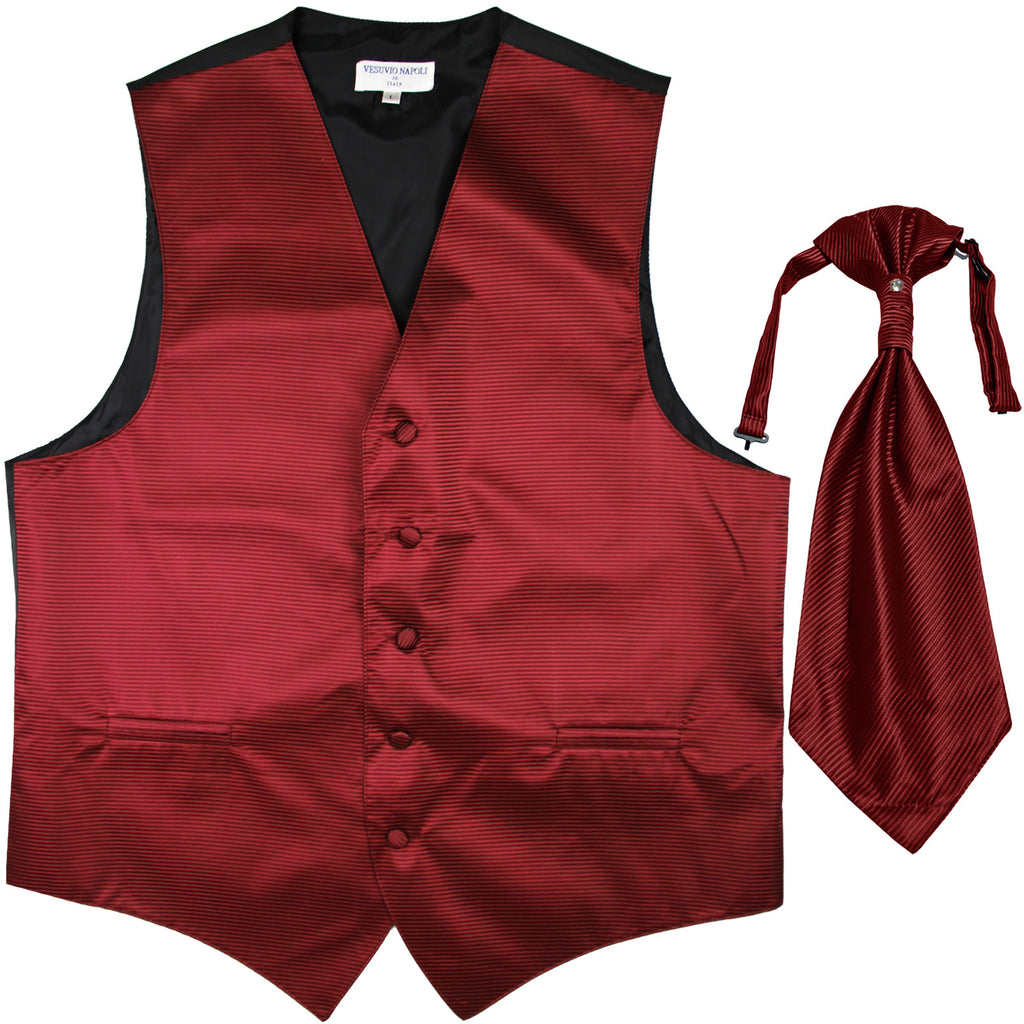 New men's tuxedo vest waistcoat & ascot horizontal stripes prom burgundy