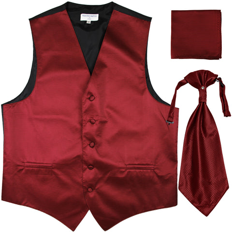 New Men's Horizontal Stripes Tuxedo Vest Waistcoat & Ascot & Hankie Set burgundy
