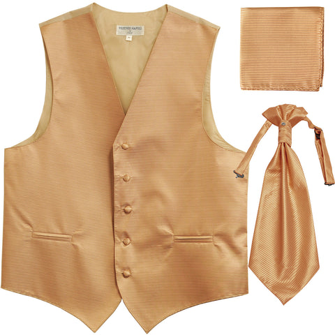 New Men's Horizontal Stripes Tuxedo Vest Waistcoat & Ascot & Hankie Set beige