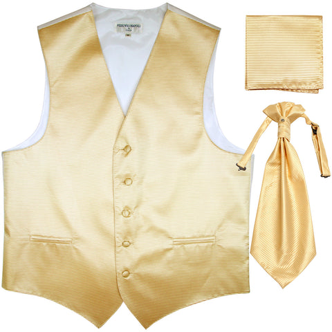 New Men's Horizontal Stripes Tuxedo Vest Waistcoat & Ascot & Hankie Set ivory