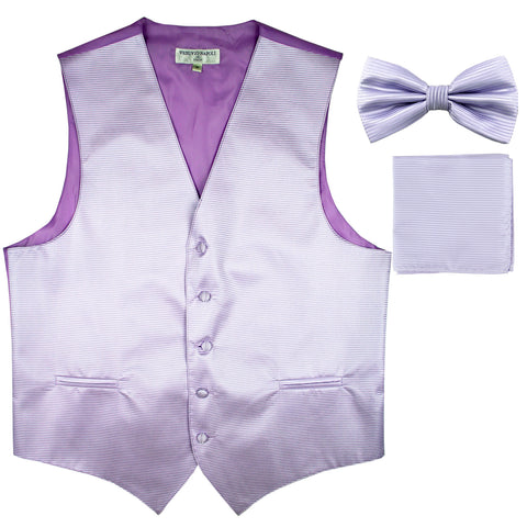 New Men's Horizontal Stripes Tuxedo Vest Waistcoat_bowtie & Hankie lavender