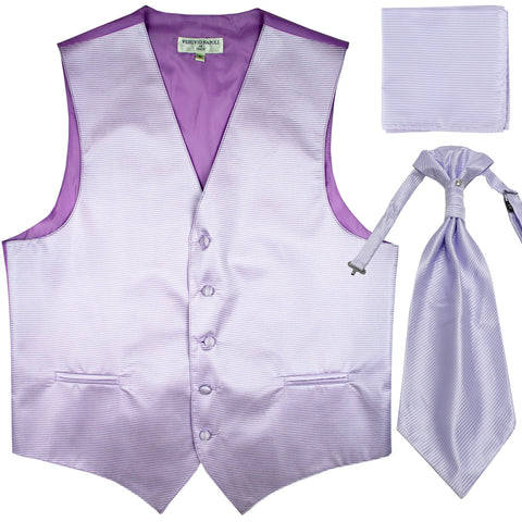 New Men's Horizontal Stripes Tuxedo Vest Waistcoat & Ascot & Hankie Set lavender