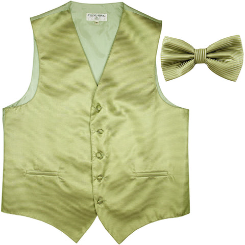 New formal men's tuxedo vest waistcoat & bowtie horizontal stripes prom sage green