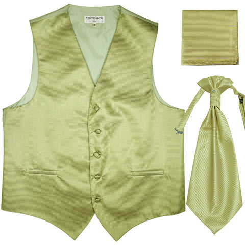 New Men's Horizontal Stripes Tuxedo Vest Waistcoat & Ascot & Hankie Set sage green