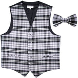 New men's tuxedo vest waistcoat bowtie plaid pattern formal prom wedding