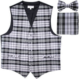 New men's tuxedo vest waistcoat bowtie & hankie set plaid pattern formal prom wedding