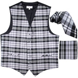 New men's tuxedo vest waistcoat 2.5" necktie & hankie set plaid pattern formal prom wedding