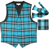 New men's tuxedo vest waistcoat self tie bowtie & hankie set plaid pattern formal prom wedding