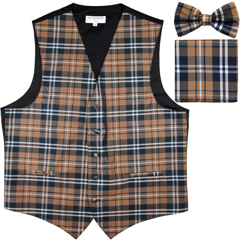 New men's tuxedo vest waistcoat bowtie & hankie set plaid pattern formal prom wedding