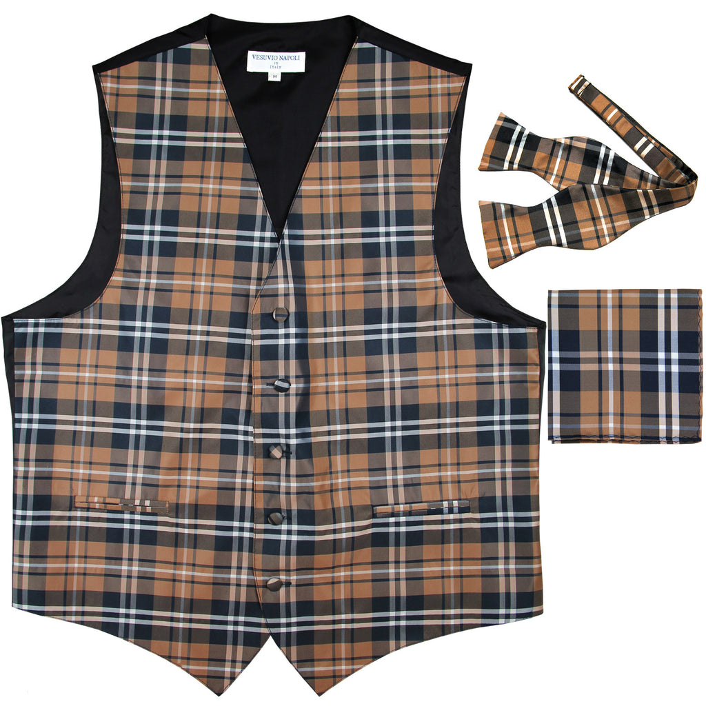 New men's tuxedo vest waistcoat self tie bowtie & hankie set plaid pattern formal prom wedding