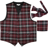 New men's tuxedo vest waistcoat self tie bowtie & hankie set plaid pattern formal prom wedding