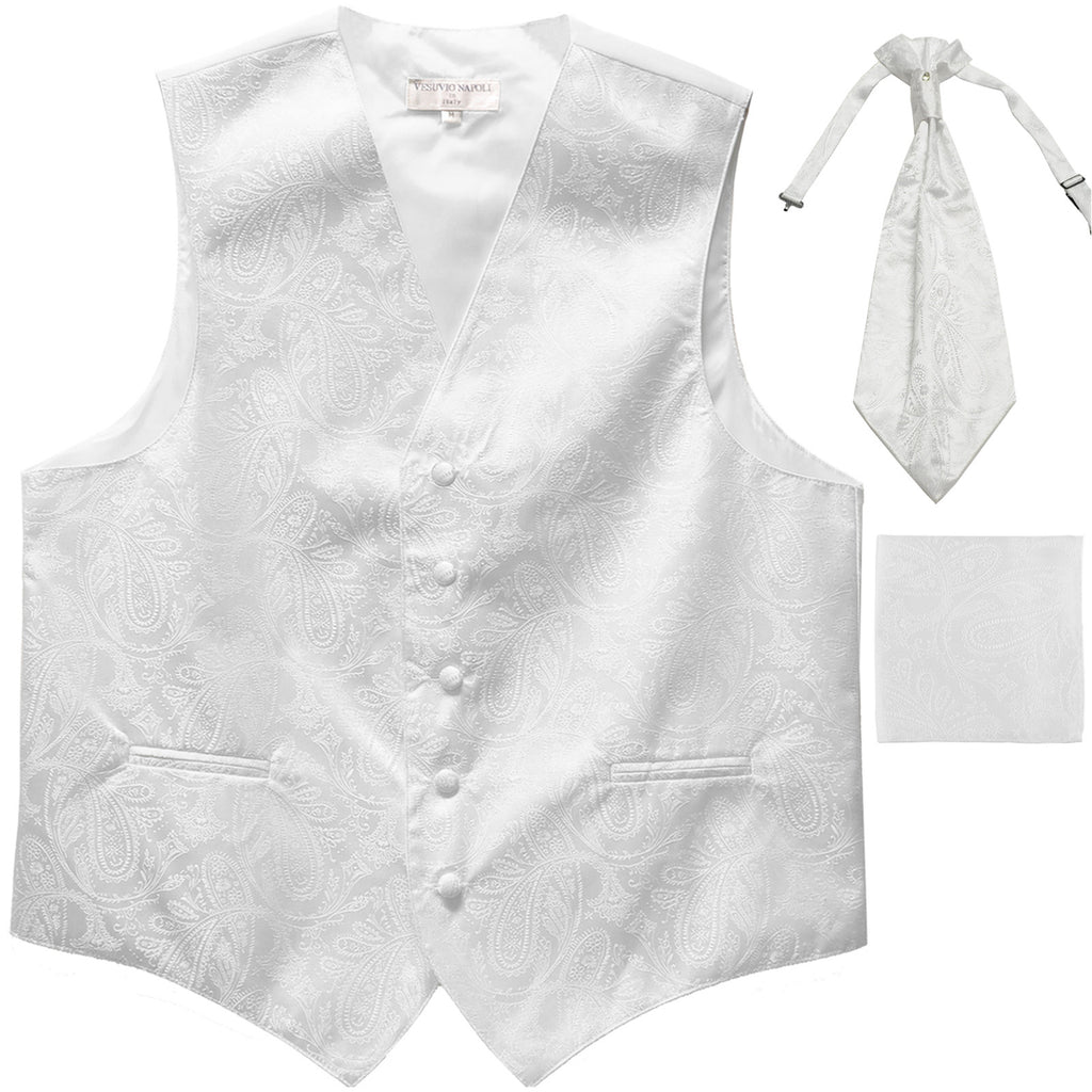 New Men's Paisley Tuxedo Vest Waistcoat & Ascot Cravat & Hankie white