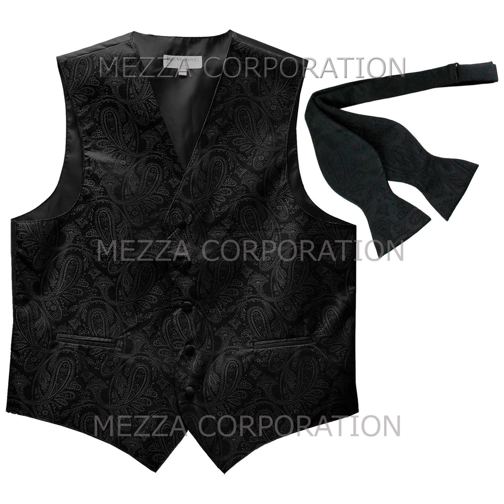 Men's paisley Tuxedo VEST Waistcoat_self tie bowtie black
