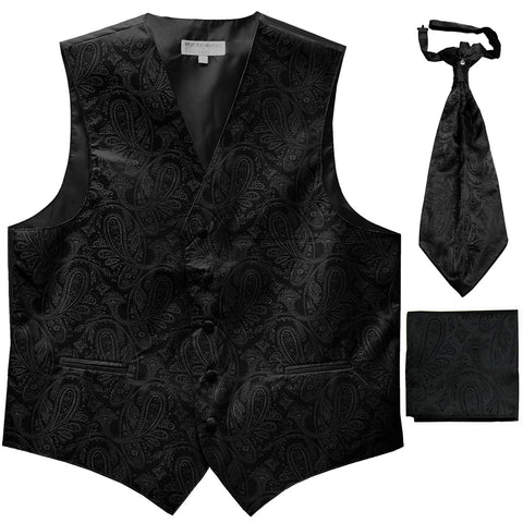 New Men's Paisley Tuxedo Vest Waistcoat & Ascot Cravat & Hankie black