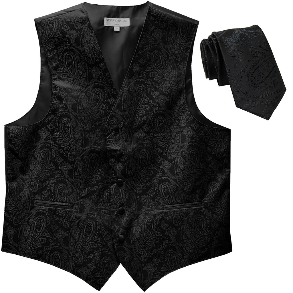 New Men's Formal Vest Tuxedo Waistcoat_2.5" skinny necktie paisley pattern black