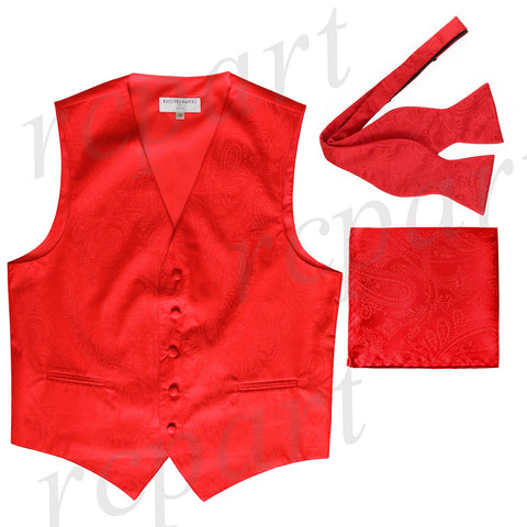 Men's paisley Tuxedo VEST Waistcoat_self tie bowtie & hankie set red