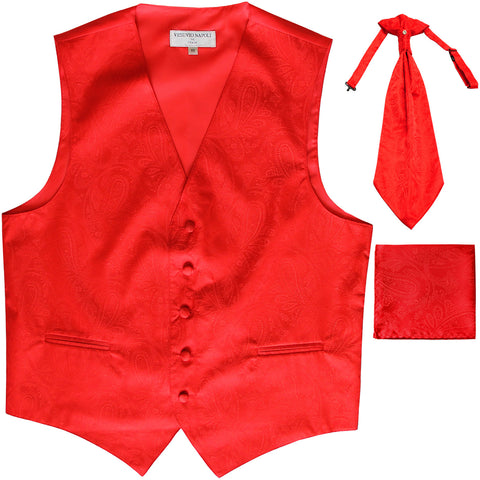 New Men's Paisley Tuxedo Vest Waistcoat & Ascot Cravat & Hankie red