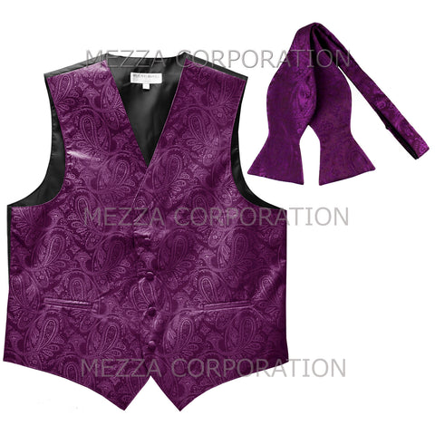 Men's paisley Tuxedo VEST Waistcoat_self tie bowtie purple