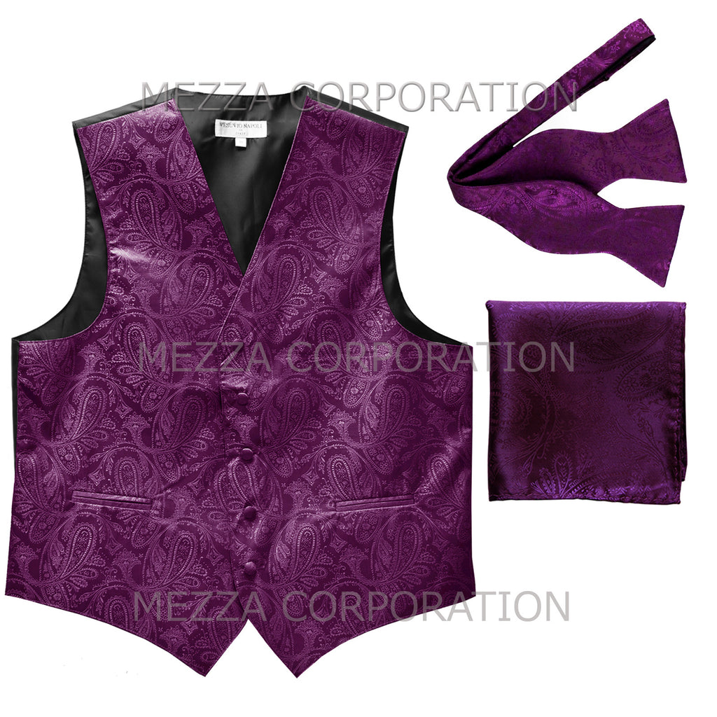 Men's paisley Tuxedo VEST Waistcoat_self tie bowtie & hankie set purple