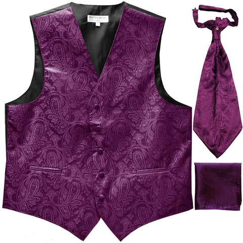 New Men's Paisley Tuxedo Vest Waistcoat & Ascot Cravat & Hankie dahila purple