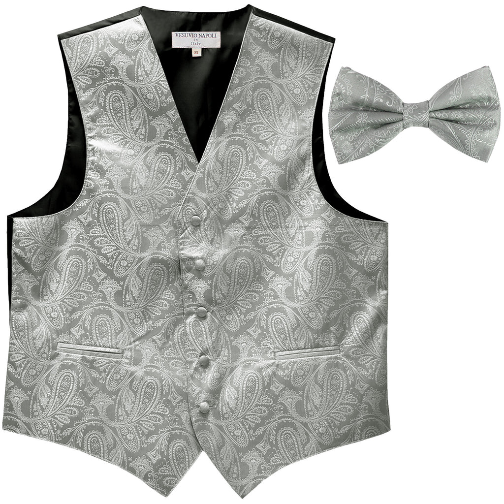 New Men's Formal Vest Tuxedo Waistcoat_bowtie paisley pattern wedding silver