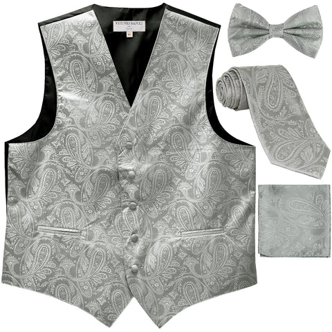 New Men's Paisley Tuxedo Vest Waistcoat & necktie & Bow tie & Hankie Silver