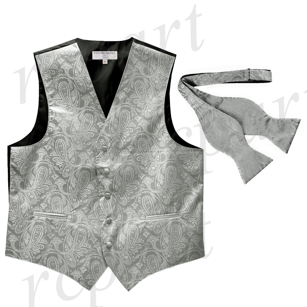 Men's paisley Tuxedo VEST Waistcoat_self tie bowtie silver