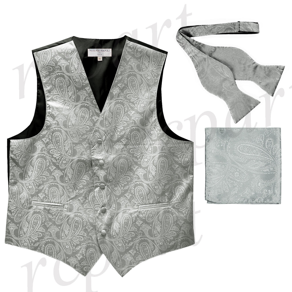 Men's paisley Tuxedo VEST Waistcoat_self tie bowtie & hankie set silver