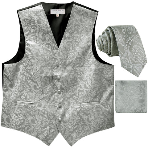 New Men's Formal Vest Tuxedo Waistcoat_2.5" necktie set paisley prom silver