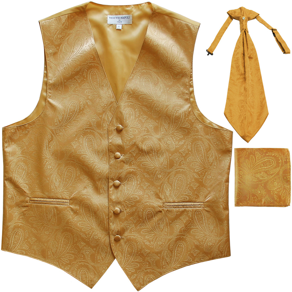 New Men's Paisley Tuxedo Vest Waistcoat & Ascot Cravat & Hankie gold