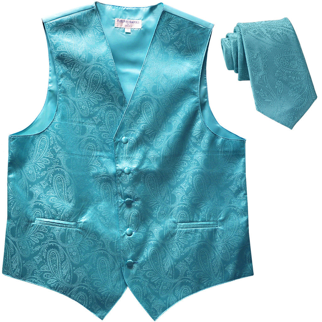 New Men's Formal Vest Tuxedo Waistcoat_necktie paisley pattern prom turquoise