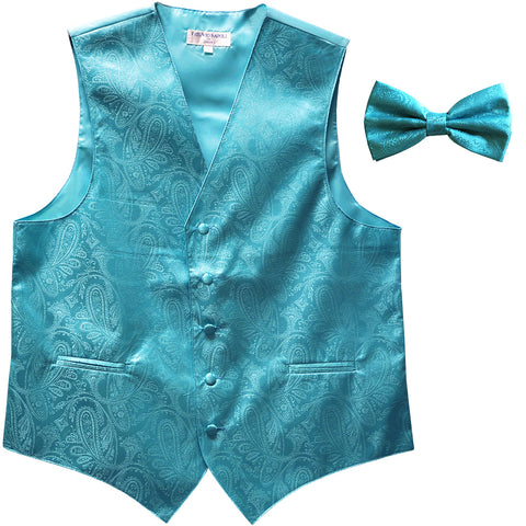 New Men's Formal Vest Tuxedo Waistcoat_bowtie paisley pattern wedding turquoise